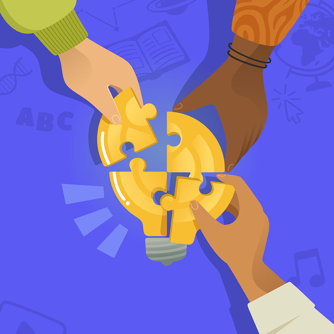 Illustration de plusieurs mains qui se partagent des pièces d'un puzzle en forme d'ampoule. Avec pour titre "Un simple geste libère la connaissance". Sur fond violet.